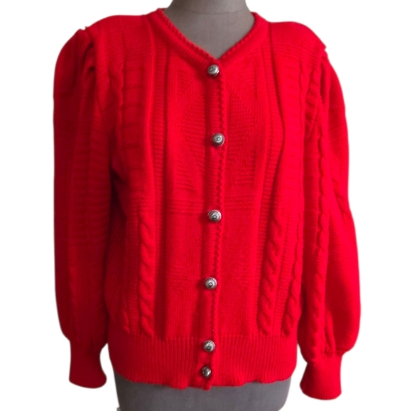 Vintage Red Austrian Wool Puff Sleeve Cardigan Sz EU 44/ US LG Salzburger Dirndl - Picture 7 of 16